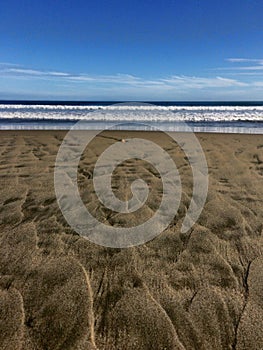 A Windswept Beach Leads to a Deep Blue Ocean and Blue Sky