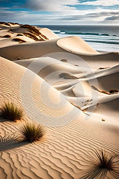 A windswept coastal dune landscape with sculpted sand formations and native grasses,