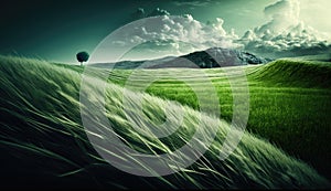 Windswept Meadows: AI-Generated Digital Art of Green Fields with Cloudy Skies. generative ai