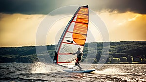 Windswept Serenity. Windsurfing Amidst Nature's Beauty with Billowing Sail