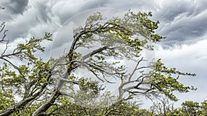 Windswept trees under a dramatic, stormy sky
