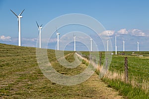 Windturbines along a in the Netherlands near a motorway