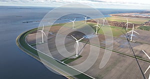 Windturbines, Renewable energy generation, Clean energy and wind power in The Netherlands. Birds eye view.