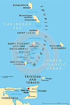 Windward Islands, political map, islands of Lesser Antilles in the Caribbean photo