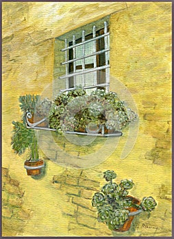 Window Box Flowers Scene Painting with Rustic Brick Wall