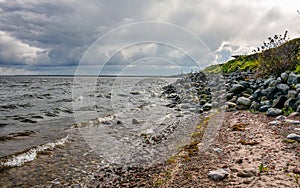 Windy autumn day on the shore of lake Ladoga.
