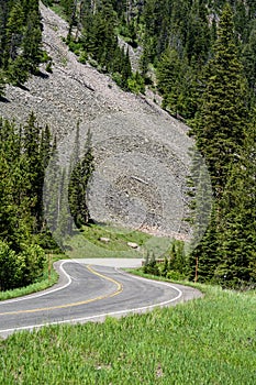 Windy, curvy mountain road of the Beartooth Highway, near Cooke City and Silver Gate Montana