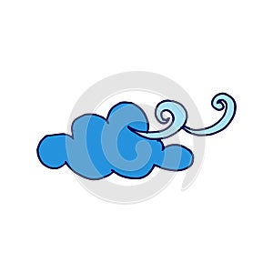 Windy day, blue cloud blowing air vector illustration. weather icon on white background. hand drawn vector. cloudy, climate cartoo