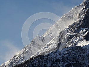 Windy day on Dolomites park of Lavaredo Peaks of Mountain Rudo, Croda dei Rondoi, Torre dei Scarperi, Croda dei Baranci, Cima