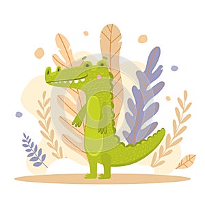 Windy illustration of a cute crocodile stands on the background of the jungle. A green funny aligator stands on its hind legs and