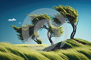 windy meadow with trees and grass against backdrop of clear sky spring day