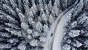 windy road with a car in snow covered forest, top down drone view