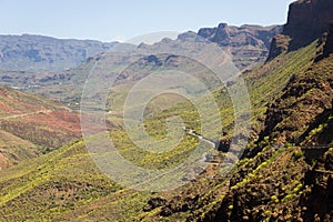 Windy road on hillside in Degollada de las Yeguas canyon, Gran Canaria