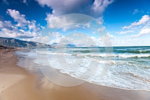 Windy waves of Tyrrhenian sea. Alcamo marina, Sicily, Italy