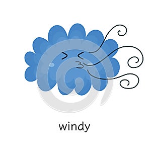 Windy weather flashcard for kids with cute cloud. Cloudy clipart in cartoon style