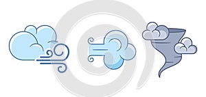 Windy Weather Forecast Icons Set, Graphical Symbols Depicting Gusty Conditions. Blustery Winds, Tornado And Thunderstorm