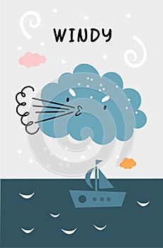 Windy weather poster with kawaii cloud character. Cute baby seascape