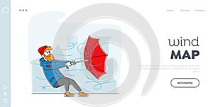 Windy Weather, Strong Blowing Wind Landing Page Template. Man in Warm Clothes Holding Broken Umbrella