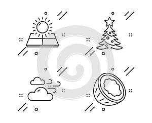 Windy weather, Sun energy and Christmas tree icons set. Coconut sign. Cloud wind, Solar panels, Spruce. Vector