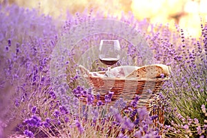 Wine against lavender landscape in sunset rays. Harvesting of aromatic lavender. A basket filled with fresh bread stands