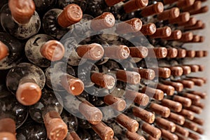 Wine aging process. Wine bottles aging, covered in dust and mold, in a traditional winery