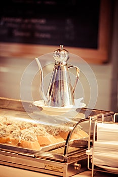 Wine bar tasting set up tray decoration bottles in restaurant