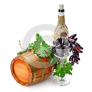 Wine barrel, bottle and glass