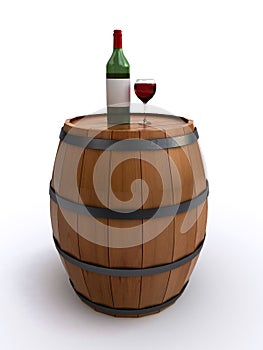 Wine barrel with a bottle and glass of red wine