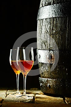 Wine barrel with glasses of sherry