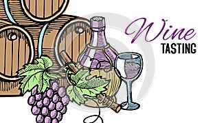 Wine barrel, hand drawn, with grape vines around it, bottle of wine and glass, isolated on white vector illustration