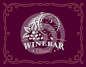 Wine barrel logo - vector illustration, emblem on maroon color background