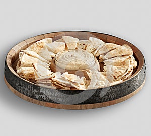 Wine Barrel Top chip and dip bowl with white background