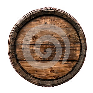 Wine barrel, top view. Old wooden barrel for storing wine close-up, isolated on a white or transparent background