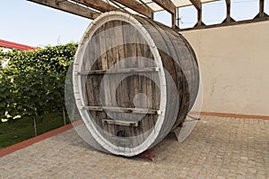 Wine barrel in the wine cellar photo