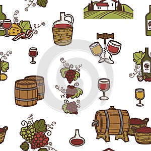 Wine and barrels with alcoholic beverage seamless pattern vector.