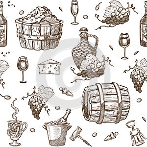 Wine and barrels with alcoholic beverage seamless pattern vector.