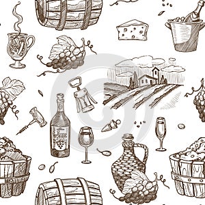 Wine and barrels with alcoholic beverage seamless pattern vector.