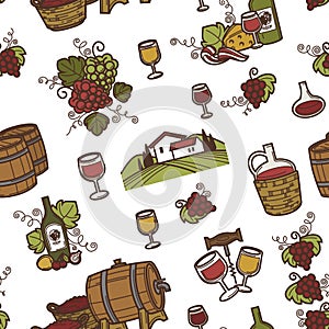 Wine and barrels with alcoholic beverage seamless pattern vector