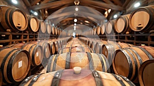 wine barrels arranged neatly in the wine cellar