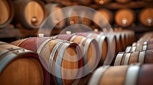 wine barrels arranged neatly in the wine cellar