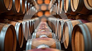 wine barrels arranged neatly in the wine cellar
