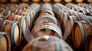 wine barrels arranged neatly in the wine cellar