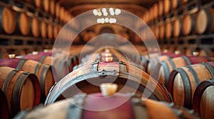 wine barrels arranged neatly in the wine cellar