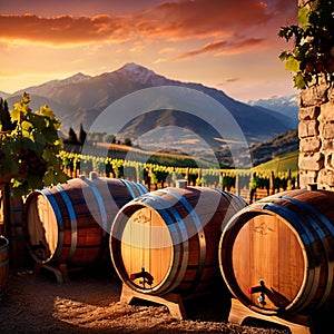 Wine barrels and casks against touristic vineyard wine farm