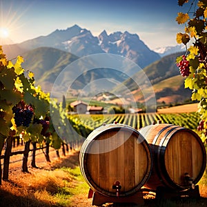 Wine barrels and casks against touristic vineyard wine farm