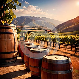 Wine barrels and casks against touristic vineyard wine farm