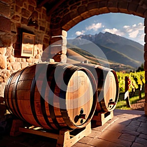 Wine barrels and casks against touristic vineyard wine farm