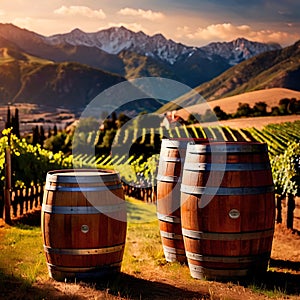 Wine barrels and casks against touristic vineyard wine farm