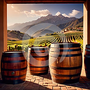 Wine barrels and casks against touristic vineyard wine farm