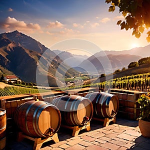 Wine barrels and casks against touristic vineyard wine farm